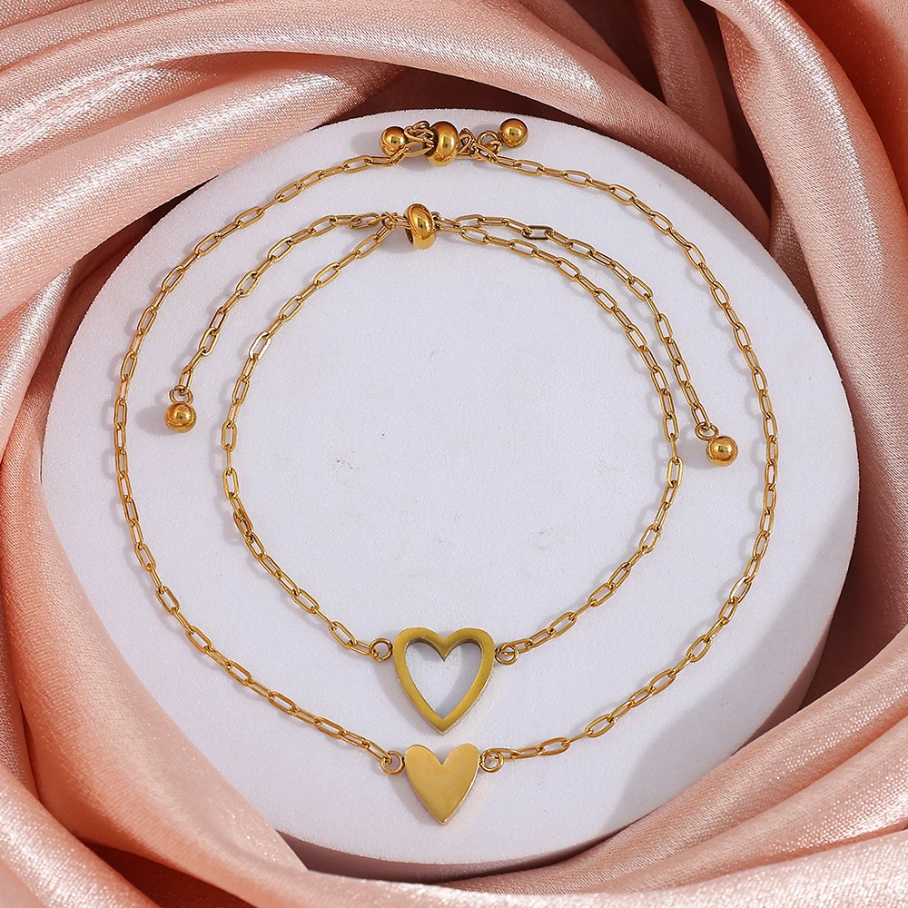 Couple Heart Pendant Single Stone Bracelet Set | Adjustable Valentine'S Day Love Friendship Double Hand Chain Combination Set